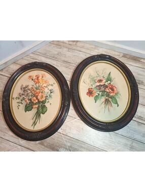 Pair of VTG  J.L. Prevost Floral Designer Wooden Oval Framed Prints 10.5"X.12.5"
